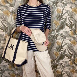 Nautical Blue and White Striped Lands End Shirt 100% Cotton Size Large